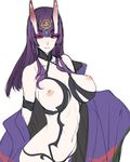  adapted_costume alternate_breast_size alternate_hair_length alternate_hairstyle ban bare_shoulders breasts clothes_removed eyeshadow fate/grand_order fate_(series) horns japanese_clothes kimono large_breasts long_hair looking_at_viewer makeup navel nipples older oni oni_horns purple_eyes purple_hair shuten_douji_(fate/grand_order) simple_background sketch smile solo upper_body white_background 