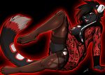  2016 anthro black_fur black_hair bottomless breasts clothed clothing codeine dress feline female fur hair legwear looking_at_viewer mammal nipple_piercing nipples one_breast_out open_shirt piercing pussy reclining red_eyes red_fur red_hair smile solo stockings white_fur 