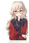  absurdres brown_eyes eyebrows eyebrows_visible_through_hair glasses grey_hair hazuki_shizuku highres jewelry long_hair necklace new_game! official_art simple_background smile solo tokunou_shoutarou upper_body white_background 