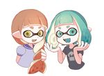  alternate_hairstyle bangs blunt_bangs braid clothes_writing cropped_torso fangs green_hair green_tongue inkling multiple_girls nichaku orange_hair orange_tongue pointy_ears sailor_collar shirt short_hair smile splatoon_(series) splatoon_2 t-shirt tentacle_hair yellow_eyes 