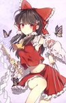  armpits ascot between_fingers black_hair bow breasts brown_hair bug butterfly commentary_request cowboy_shot detached_sleeves eyebrows eyebrows_visible_through_hair frilled_bow frilled_ribbon frilled_shirt_collar frilled_skirt frilled_sleeves frills gohei hair_bow hair_ribbon hair_tubes hakurei_reimu holding_needle insect kohaku. long_hair looking_at_viewer medium_breasts midriff navel needle red_bow red_eyes red_shirt red_skirt ribbon ribbon-trimmed_sleeves ribbon_trim shirt sidelocks skirt solo throwing_needles touhou wide_sleeves 