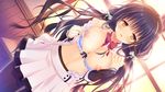  black_hair blue_bra blush bow bow_bra bra bra_pull breasts breasts_outside dutch_angle game_cg highres indoors kifune_yuzu large_breasts long_hair looking_at_viewer nipples open_clothes open_mouth orange_eyes otome_domain pleated_skirt skirt solo tatekawa_mako underwear 