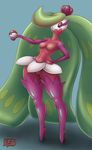  2016 anthro anthrofied blue_background breasts clothing english_text featureless_crotch female flannaganthered flora_fauna footwear green_hair hair half-closed_eyes high_heels legwear long_hair looking_at_viewer mostly_nude navel nintendo petals plant pok&eacute;ball pok&eacute;mon pok&eacute;morph red_eyes shoes simple_background solo text thick_thighs tsareena video_games wide_hips 