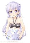  absurdres bikini breasts collarbone eyebrows eyebrows_visible_through_hair highres holding long_hair looking_at_viewer new_game! official_art open_mouth purple_eyes purple_hair simple_background small_breasts solo suzukaze_aoba swimsuit tokunou_shoutarou twintails upper_body white_background 