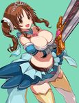  aqua_background belt breasts brown_eyes brown_hair cleavage commentary granblue_fantasy holding holding_sword holding_weapon huge_weapon idolmaster idolmaster_cinderella_girls large_breasts leaning_back midriff open_mouth simple_background solo sword thighs tiara totoki_airi tsune_kouhii twintails weapon 