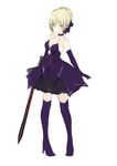 artoria_pendragon_(all) bare_shoulders black_dress black_gloves black_legwear blonde_hair breasts cleavage dark_excalibur dress elbow_gloves fate/grand_order fate/stay_night fate_(series) full_body gloves high_heels holding holding_sword holding_weapon looking_at_viewer lpip medium_breasts saber_alter simple_background sleeveless sleeveless_dress solo sword thighhighs weapon white_background yellow_eyes 