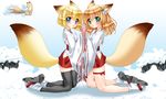  animal_ears bell black_legwear blonde_hair blue_eyes blush fingers_together fox_ears fox_tail green_eyes hair_ornament hakama hakama_skirt hands_clasped highres japanese_clothes jingle_bell kimono kneeling koyuki_(snow_fox) multiple_girls nakajima_konta own_hands_together red_hakama ribbon ribbon-trimmed_sleeves ribbon_trim sandals sayuki_(snow_fox) sleeves_past_wrists snow snow_fox tabi tail thigh_ribbon thighhighs zettai_ryouiki 