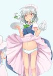  1girl bow dress eyebrows eyebrows_visible_through_hair hair_bow hair_ornament hiljainen_shiel holding izayoi_sakuya navel panties pink_hair plate short_sleeves simple_background team_shanghai_alice touhou twin_braids underwear white_panties 