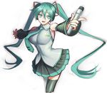  :d aqua_eyes aqua_hair bare_shoulders breasts detached_sleeves eyebrows eyebrows_visible_through_hair foreshortening hatsune_miku jonylaser large_breasts long_hair microphone necktie open_mouth pleated_skirt pointing pointing_at_viewer skirt smile solo thighhighs twintails very_long_hair vocaloid 