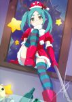  1girl antlers elbow_gloves fur-trimmed_dress fur-trimmed_gloves fur-trimmed_hat fur_trim gesugesu_ahoaho gloves green_eyes green_hair hat holding looking_at_viewer miniskirt monogatari_(series) ononoki_yotsugi panties red_gloves red_hat red_skirt santa_costume santa_hat skirt solo striped striped_legwear striped_panties thighhighs twintails underwear 