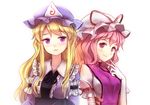  blonde_hair blush collarbone cosplay costume_switch gloves hat long_hair minust multiple_girls open_mouth pink_eyes pink_hair purple_eyes saigyouji_yuyuko saigyouji_yuyuko_(cosplay) simple_background smile tabard touhou triangular_headpiece white_background yakumo_yukari yakumo_yukari_(cosplay) 