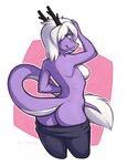  2016 anthro breasts butt clothed clothing dragon eastern_dragon female hair heart_a._chicago horn jeans nipples nude pants partially_clothed purple_skin side_boob silver_eyes simple_background solo spefides two_tone white_hair 