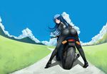  ass bangs bent_over biker_clothes bikesuit blue_hair blush breasts closed_mouth cloud commentary day english_commentary from_behind full_body ground_vehicle long_hair looking_at_viewer looking_back medium_breasts metalbolic motor_vehicle motorcycle original outdoors parted_bangs red_eyes riding road smile solo 