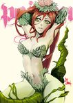  arms_up batman_(series) breasts cleavage dc_comics flower green_eyes green_skin groin hands_in_hair jinbei large_breasts navel plant plant_girl poison_ivy red_hair rose signature sitting solo strapless vines 