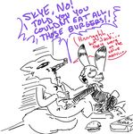  anthro arctic_fox buckteeth burger canine dialogue disney duo english_text fangs food fox humor jack_savage ketchup lagomorph mammal nobody_(artist) parody rabbit skye_(zootopia) teeth text yelling zootopia 