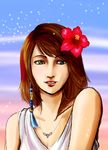  brown_hair final_fantasy final_fantasy_x flower heterochromia hibiscus jewelry looking_at_viewer mariko_hosoi necklace solo yuna_(ff10) 