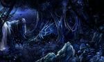  blue_theme cool_colors detailed_background digital_media_(artwork) dragon grass isvoc outside solo standing tree tusks 