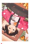  black_eyes brown_hair cat food fruit hanten_(clothes) highres kotatsu lying mandarin_orange on_back original outstretched_arms short_hair solo spread_arms sweater table takamichi under_kotatsu under_table 