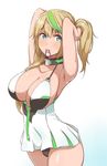  armpits arms_up bare_shoulders black_panties blonde_hair blue_eyes blush breasts cleavage gene_(pso2) gradient gradient_background green_hair hair_between_eyes highres large_breasts long_hair looking_at_viewer mouth_hold multicolored_hair panties phantasy_star phantasy_star_online_2 simple_background solo tokiwa_midori_(kyokutou_funamushi) twintails two-tone_hair tying_hair underwear 