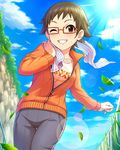  alternate_costume animal artist_request bird brown_eyes brown_hair glasses grass grin idolmaster idolmaster_cinderella_girls kitagawa_mahiro leaf official_art one_eye_closed orange-framed_eyewear short_hair smile towel track_suit 