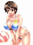  :d ball bangs bare_arms bare_shoulders beachball bikini black_hair blue_bikini blush breast_squeeze breasts brown_eyes cleavage collarbone commentary_request cowboy_shot from_side green_bikini groin hands_together happy hips idolmaster idolmaster_cinderella_girls large_breasts leaning_forward legs_apart looking_at_viewer multi-strapped_bikini oikawa_shizuku open_mouth shiny shiny_hair shiny_skin short_hair sideboob simple_background smile solo standing strap_gap striped striped_bikini swimsuit thighs twitter_username umasan v_arms white_background 