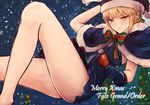  artoria_pendragon_(all) black_gloves capelet christmas fate/grand_order fate/stay_night fate_(series) gloves hat looking_at_viewer sack santa_alter santa_hat snowing solo yellow_eyes yukihama 