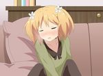  1girl blonde_hair blush breathing collarbone couch eyes_closed flower hair_ornament masturbation moaning open_mouth sakura_trick small_breasts solo sonoda_yuu source_request 