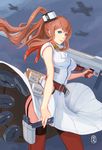  aircraft airplane ascot blue_eyes box_magazine breast_pocket breasts brown_hair cartridge dress dress_lift drum_magazine eyebrows eyebrows_visible_through_hair f4f_wildcat flight_deck garter_straps highres kantai_collection lips long_hair machinery magazine_(weapon) medium_breasts neckerchief pocket red_legwear red_neckwear saratoga_(kantai_collection) side_ponytail sidelocks sima_naoteng smile smokestack solo thighhighs trigger_discipline turret white_dress wind wind_lift 