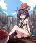  :o ? ^_^ bag beanie black_hair blue_eyes bob_cut bruise bruise_on_face burnt burnt_clothes closed_eyes cloud commentary_request confused crater day gen_1_pokemon gen_7_pokemon happy hat highres injury knees_together_feet_apart midriff mimikyu mizuki_(pokemon) open_mouth pokemon pokemon_(creature) pokemon_(game) pokemon_sm shipii_(jigglypuff) shirt shoes short_hair short_shorts shorts shoulder_bag sitting smile smoke sneakers sweatdrop torn_clothes torn_shirt voltorb 