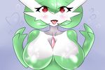  &lt;3 &lt;3_eyes big_breasts blush breasts drooling female gardevoir green_hair green_skin hair hair_over_eyes looking_at_viewer multicolored_skin nintendo open_mouth pok&eacute;mon red_eyes saliva sana!rpg smile tongue two_tone_skin video_games wet white_skin yes!rpg 