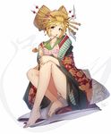  animal_print bare_legs barefoot blonde_hair butterfly_print comb djeeta_(granblue_fantasy) eyeshadow feet full_body geisha gizoku_(granblue_fantasy) granblue_fantasy hair_ornament hair_stick holding holding_pipe japanese_clothes kimono kiseru lipstick makeup panties pantyshot pantyshot_(sitting) pipe pipe_in_mouth short_hair simple_background sitting solo tilt-shift underwear white_background white_panties yellow_eyes yuujo 