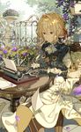  belt blonde_hair blue_dress bolo_tie boots braid brown_footwear cheese_kang dress flower green_eyes hair_ribbon highres knee_boots md5_mismatch mechanical_arms papers ribbon sitting skirt solo table typewriter typing violet_evergarden violet_evergarden_(character) white_skirt 