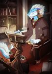  5_fingers anthro blue_eyes blue_scales book clothed clothing detailed detailed_background dragon hair looking_at_viewer lycangel male scales sitting smile solo white_hair 