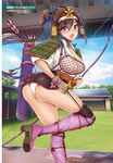  armor arrow artist_name ass blush bow_(weapon) breasts brown_gloves brown_hair comic_bavel gloves highres holding holding_weapon japanese_armor large_breasts leg_up long_hair looking_at_viewer maruwa_tarou muneate non-web_source open_mouth panties purple_eyes purple_legwear quiver sandals shoulder_armor side_ponytail sode solo thighhighs underwear weapon white_panties 