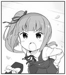  blush box commentary_request dress gift gift_box greyscale kantai_collection kasumi_(kantai_collection) long_sleeves looking_at_viewer monochrome open_mouth petals pinafore_dress remodel_(kantai_collection) shiyoo side_ponytail solo 