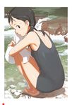  black_eyes black_hair breasts from_behind highres holding holding_towel looking_at_viewer looking_back one-piece_swimsuit original pink_footwear river sandals school_swimsuit shore small_breasts solo squatting swimsuit takamichi towel twintails wet white_towel 