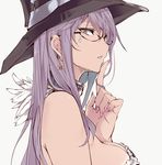  bare_shoulders breasts commentary_request finger_to_mouth from_side glasses hat highres index_finger_raised large_breasts long_hair looking_at_viewer nail_polish original purple_eyes purple_hair shushing sideboob simple_background solo tan touma_kisa tsurime white_background witch_hat 