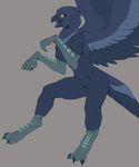  2016 ambiguous_gender anthro avian beak bird blue_feathers claws d-sui digital_media_(artwork) feathered_wings feathers hi_res looking_at_viewer nude open_mouth orange_eyes simple_background smile solo tongue wings 