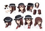  bangs black_hat blush bow brown_eyes brown_hair character_sheet closed_eyes closed_mouth collared_shirt eyebrows eyebrows_visible_through_hair from_above from_behind from_side hair_between_eyes hair_bow hat hat_removed headwear_removed karaori looking_at_viewer looking_up multiple_views necktie open_mouth profile red_neckwear shirt sidelocks simple_background smile the_sealed_esoteric_history touhou usami_renko white_background white_bow white_shirt 