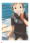  arm_support black_eyes black_hair deck diving_mask flat_chest flippers goggles highres long_hair looking_at_viewer open_mouth original rash_guard shorts sitting snorkel solo takamichi teeth 