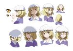  bangs blonde_hair blush breasts buttons character_sheet closed_eyes closed_mouth collarbone eyebrows eyebrows_visible_through_hair from_above from_behind from_side hair_between_eyes hat hat_removed headwear_removed karaori looking_up maribel_hearn medium_breasts mob_cap multiple_views open_mouth portrait profile simple_background smile the_sealed_esoteric_history touhou white_background white_hat yellow_eyes 
