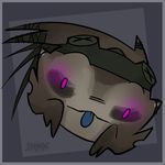  2016 alien blue_tongue border brown_body chibi colored cute digital_drawing_(artwork) digital_media_(artwork) empty_eyes eyewear fan_character feranta front_view glowing glowing_eyes goggles male mass_effect pink_eyes signature simple_background solo tongue tongue_out toony turian video_games 