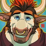  2016 anthro blue_background blue_eyes bovine brown_fur brown_hair cattle clothed clothing digital_media_(artwork) dustin_(madcow100) ear_piercing eyebrows facial_piercing front_view fur gold_(metal) hair headshot_portrait horn icon looking_at_viewer low_res madcow100 male mammal multicolored_fur multicolored_hair nose_piercing nose_ring piercing portrait red_hair rossciaco septum_piercing shirt signature simple_background smile solo tan_horn teeth two_tone_hair white_fur 