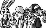  2016 :3 anthro black_and_white buckteeth chest_tuft clothed clothing cub disney fan_character female group hair hair_over_eye hat inkyfrog lagomorph looking_at_viewer male mammal maxine_d&#039;lapin monochrome rabbit simple_background smile teeth tuft white_background young zootopia 