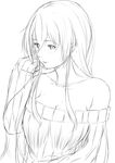  bare_shoulders breasts casual cleavage collarbone commentary greyscale hair_between_eyes hand_in_hair highres kantai_collection large_breasts long_hair looking_at_viewer monochrome niwatazumi off_shoulder open_mouth ribbed_sweater sidelocks sketch sleeves_past_wrists solo sweater tatebayashi_sakurako upper_body 