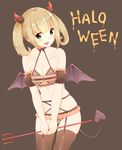  :d black_legwear blonde_hair blush breasts brown_background cleavage collarbone commentary cowboy_shot demon_tail demon_wings eyebrows fang garter_belt green_eyes halloween heart highres horns idolmaster idolmaster_cinderella_girls imp lingerie looking_at_viewer manatsuki_manata medium_breasts open_mouth pitchfork race_limitation_(lingerie) satou_shin see-through shiny shiny_hair simple_background smile solo tail thighhighs thighs twintails underwear wings 