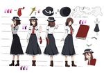  bangs black_hat black_skirt book boots bow brown_eyes brown_footwear brown_hair character_sheet closed_eyes closed_mouth collared_shirt directional_arrow eyebrows eyebrows_visible_through_hair frilled_skirt frills from_behind from_side full_body hair_between_eyes hair_bow hat hat_bow holding holding_book interlocked_fingers karaori long_sleeves looking_at_viewer multiple_views necktie open_mouth own_hands_together profile red_neckwear shirt sidelocks simple_background skirt smile standing the_sealed_esoteric_history touhou translation_request turnaround usami_renko white_background white_bow white_shirt 