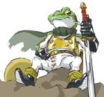  amphibian bulge cape chrono_trigger clothed clothing flookz frog frog_(chrono_trigger) front_view fully_clothed holding_object holding_weapon looking_at_viewer low-angle_view male melee_weapon pinup pose sitting solo spread_legs spreading square_enix sword video_games weapon 