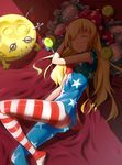  absurdres american_flag_dress american_flag_legwear ass bad_anatomy blonde_hair breasts closed_eyes clownpiece commentary covered_nipples dress hat highres impossible_clothes jester_cap long_hair lying microdress nyogorajima on_bed on_side pantyhose polka_dot short_sleeves skin_tight sleeping small_breasts solo touhou very_long_hair 