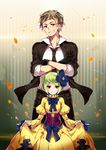  1girl brown_hair corset gloves green_hair necktie original red_eyes ririkuto short_hair smile standing 